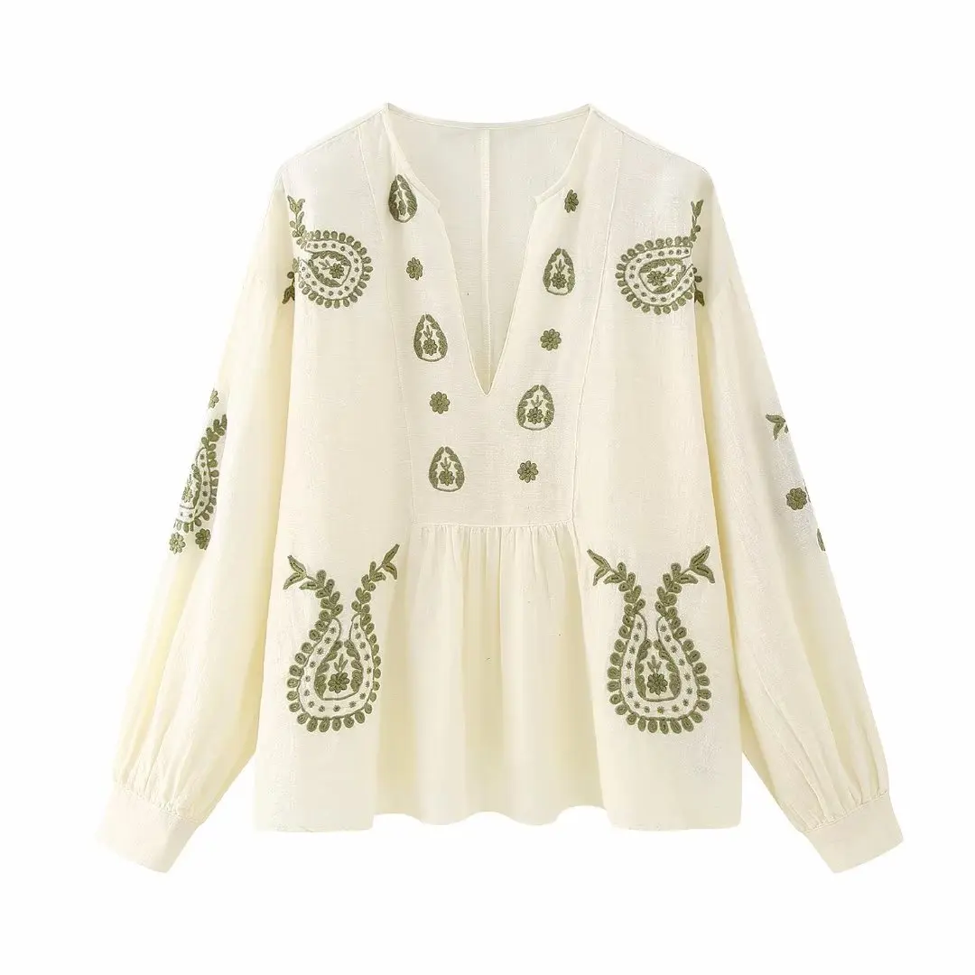 

Women 2023 Spring New Fashion Embroidery Blouses Vintage Long Sleeve Female Shirts Chic Tops