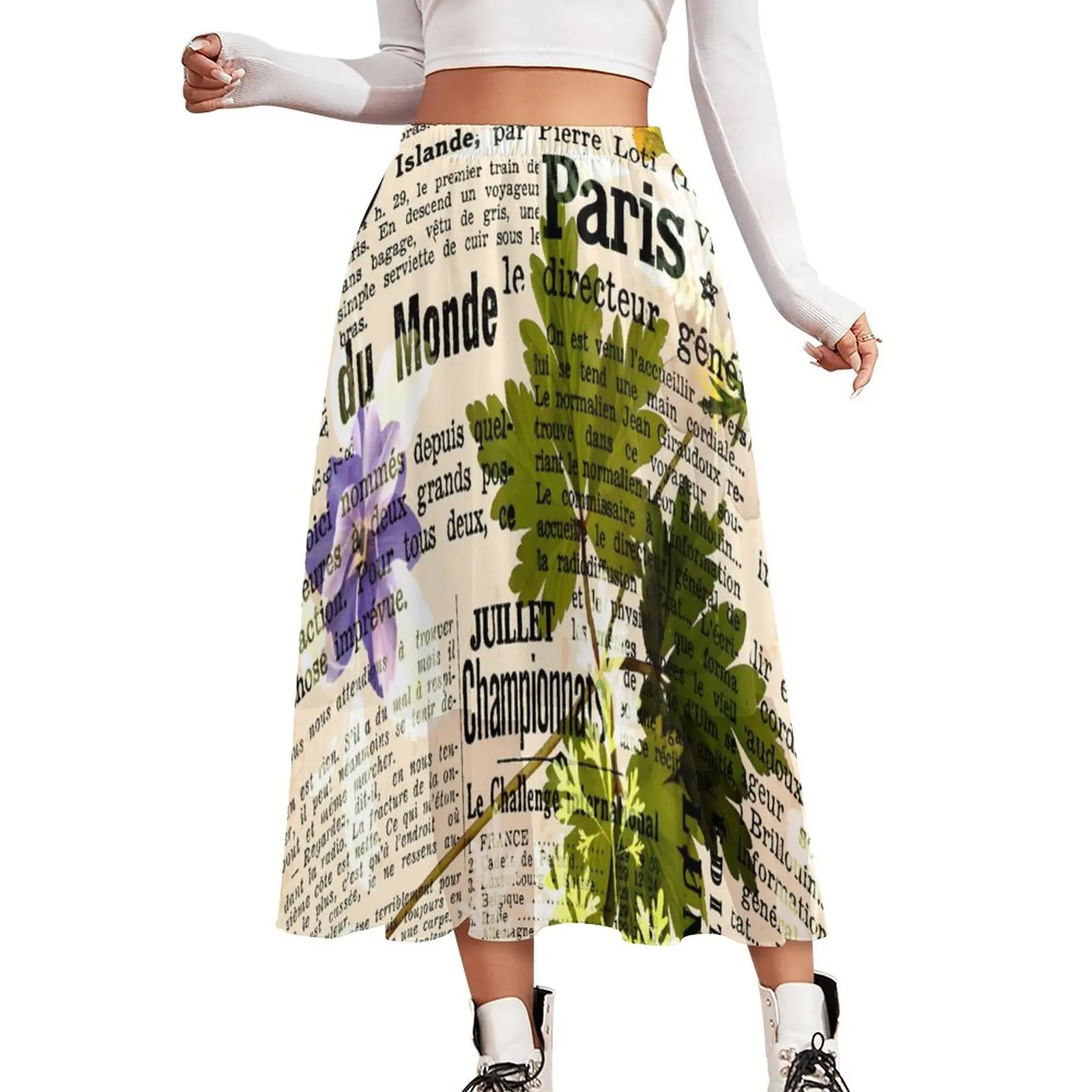 

Vintage Newspaper Skirt Herbarium Print Beach Boho Skirts Spring Korean Fashion High Waist Chiffon Custom Oversize A-line Skirt
