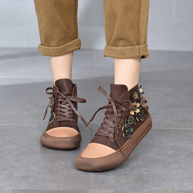 

YourSeason Ladies Genuine Leather Boots Lace-Up 2022 Women Round Toe Floral Vintage Flat With Concise Ankle Shoes Spring Winter
