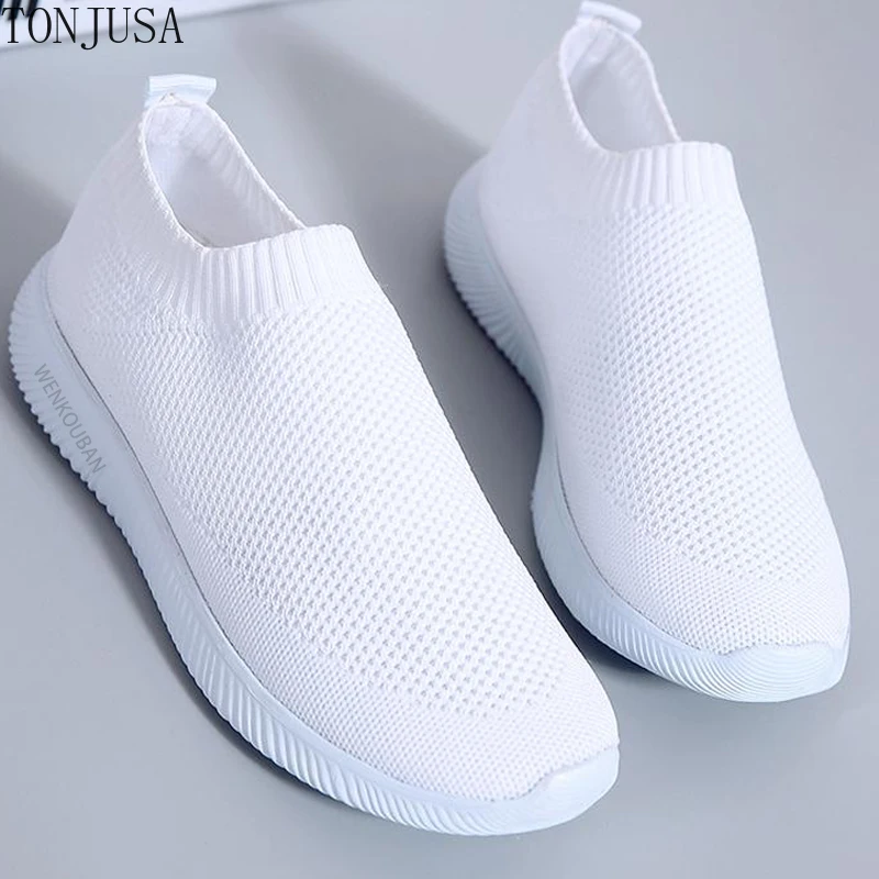 

Women White Sneakers Female Knitted Vulcanized Shoes Casual Slip On Flats Ladies Sock Shoes Trainers Summer Tenis Feminino