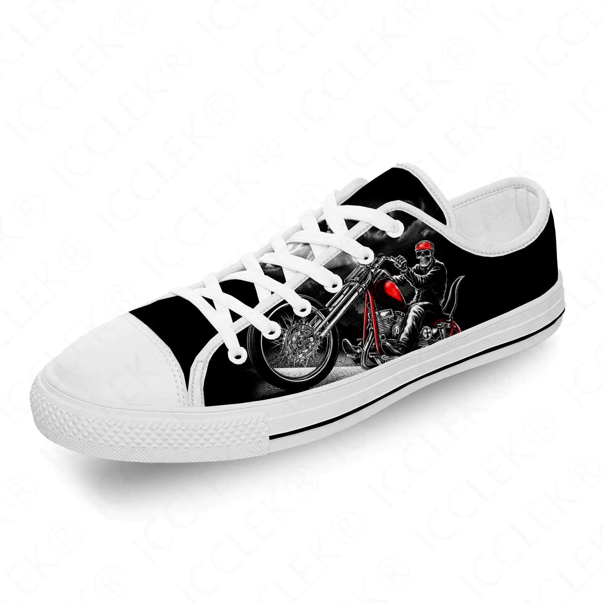 

Motorcycle Skull Punk Funny Cool White Cloth Fashion 3D Print Low Top Canvas Shoes Men Women Lightweight Breathable Sneakers