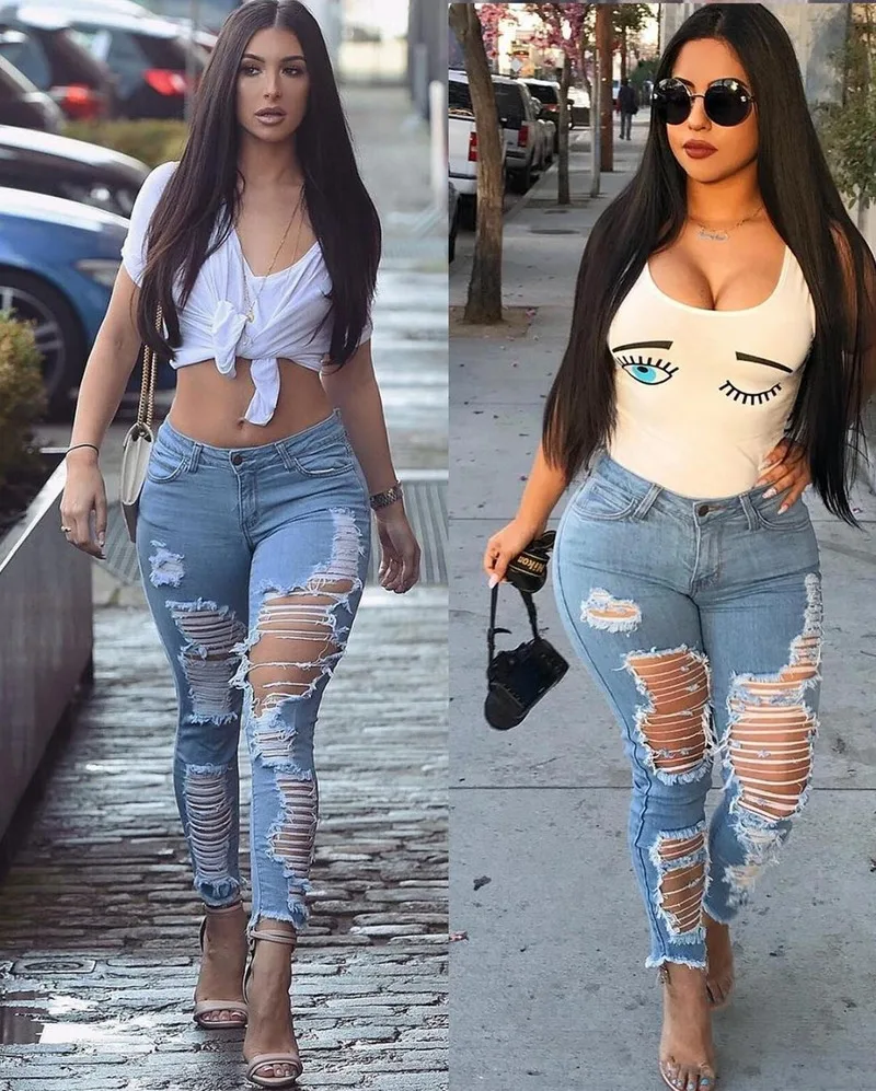 2023 Y2k New Women's Summer Fall Ripped Blue Jeans Skinny Stretch Jeans Indie Street Hipster Denim Pencil Pants S-3XL Clothes