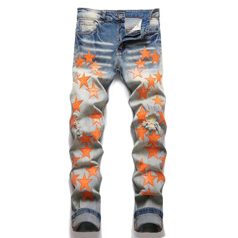 

Designer 5-pointed Star Digital Printed Jeans Men's Slim Body Flower Trousers Fashion Stretch Pencil Pants Ripped Jeans for Men