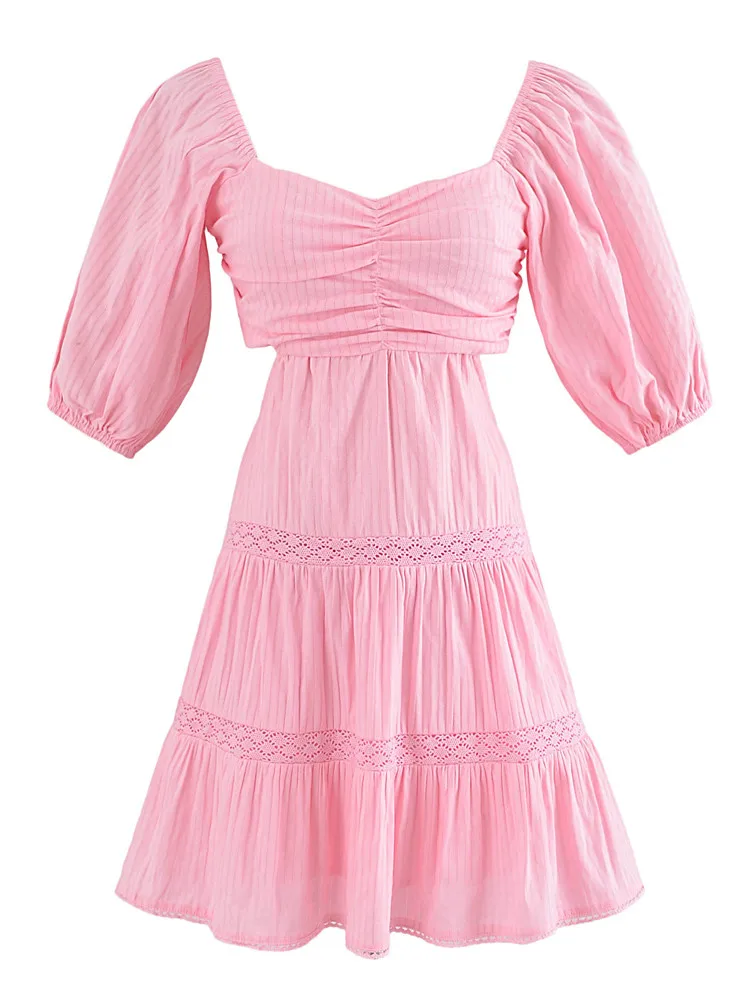 

Женское Короткое платье принцессы, повседневное милое розовое платье мини с кружевной прострочкой на талии, бантом на спине и пышными рукавами, весна-лето 2023