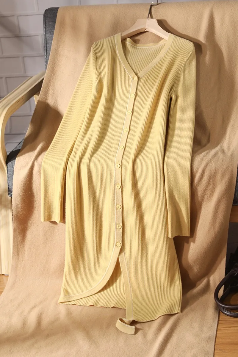 

Dress Women New Spring And Autumn Products Solid Color Casual Wool Dress V-Neck Long Sleeve Single Breasted Knitting Cardigan