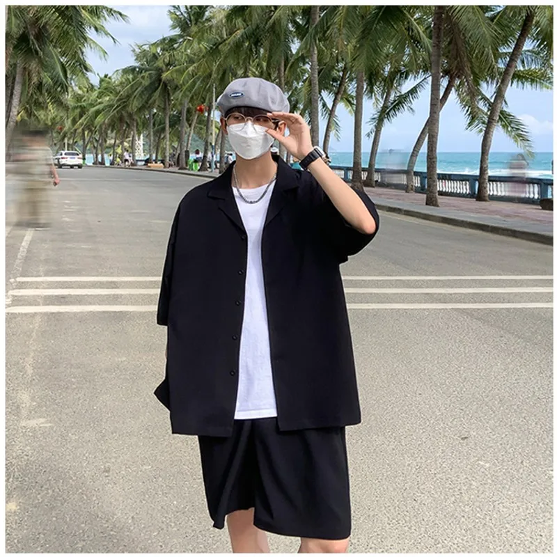 Summer 2 piece Mens Sets Matching Suit Jacket Shorts Oversized Solid Green White Black Fashion Streetwear Thin Leisure Suit