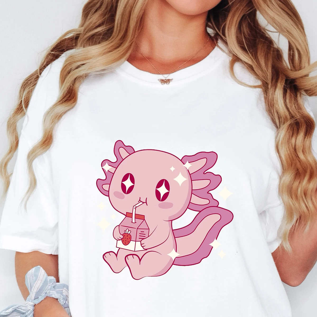 Милая Axolotl футболка с рисунком питьевой клубники и молока коротким рукавом Топы