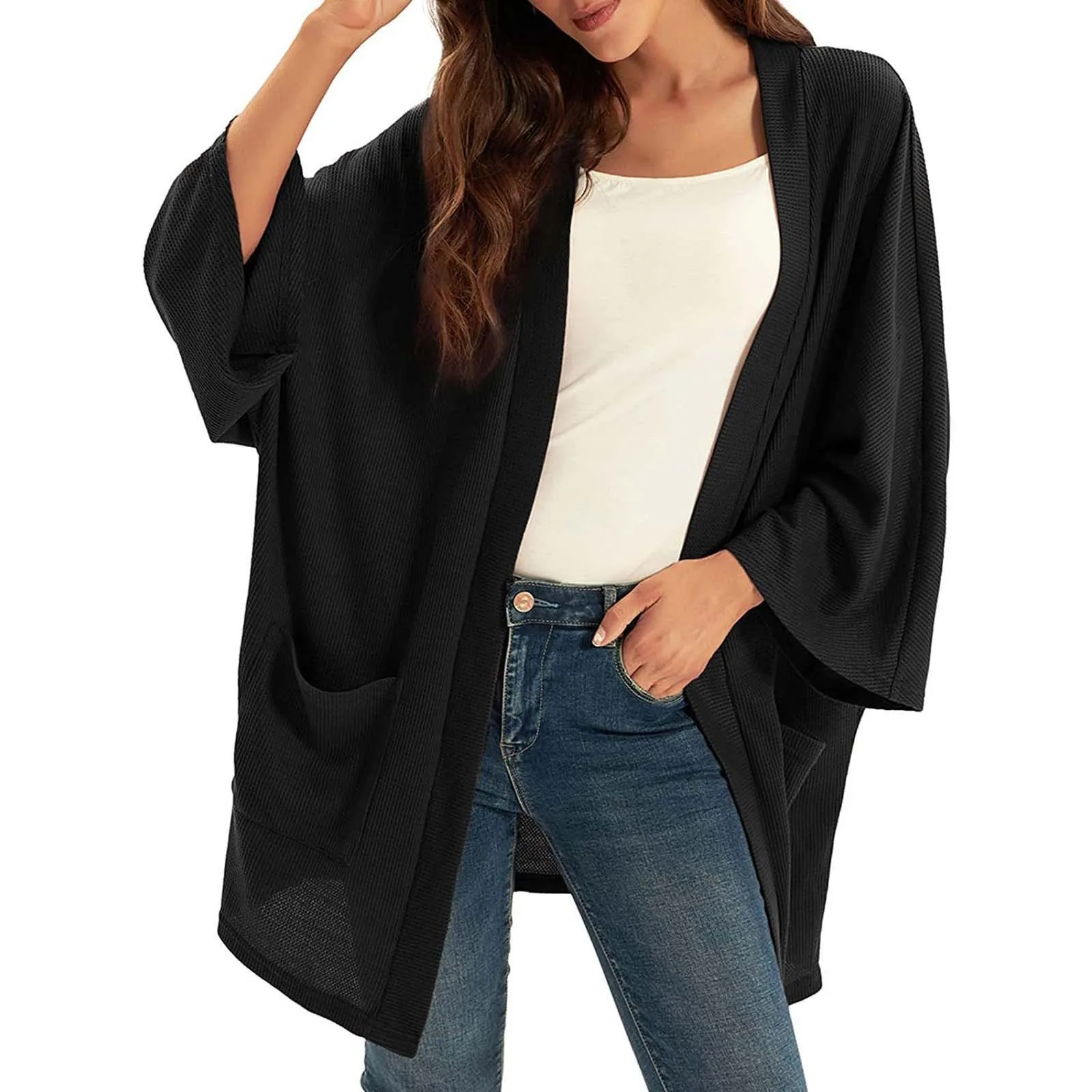 

Women's Lightweight Oversized Cardigan Sweater Knit Long Batwing Sleeve With Pockets
