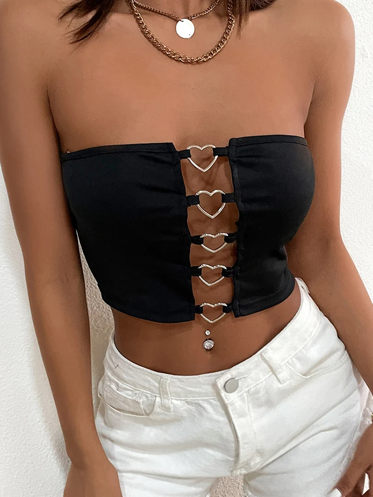 

Женский укороченный топ без рукавов, черный топ с украшением в виде кольца в форме сердца, пикантная уличная одежда, Y2k, лето 2022