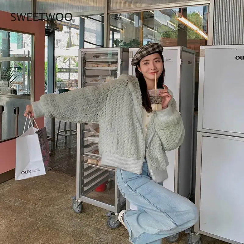 Women Short Jacket with Hood Knitted Generic Rabbit Fur Coat Autumn Winter Spring Sweater Femme Full Sleeve Outwear Slim Tide