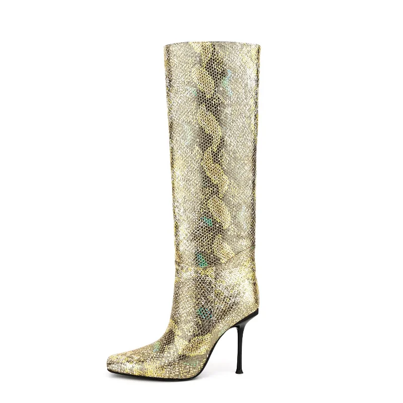 

Autumn and Winter New Fashion Thin Heel Square Head Gold Snake Pattern Mid-Calf Boots Women's Modern Boots Runway Party Boots