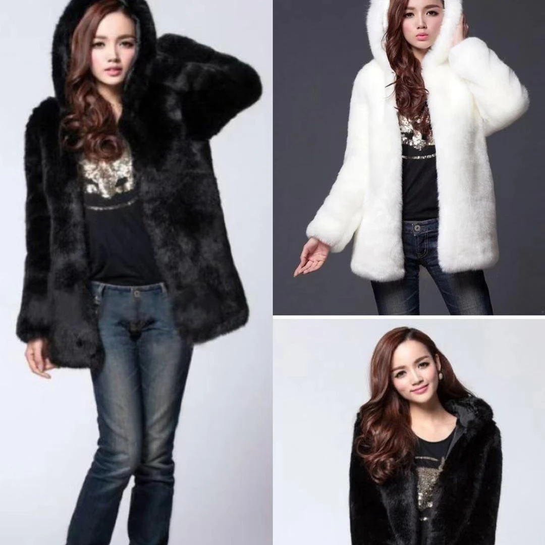 Autumn and Winter Women's Leather Fur Coat Hooded Casual Imitation Rabbit Fur Coat Warm and Loose Overcoat Women Faux Fur Coat