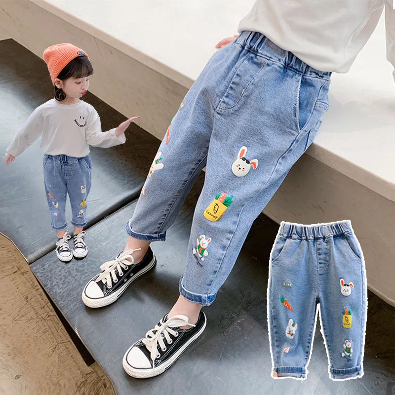 

Spring Kids Girl's Clothes Straight-leg Love Jeans Pants For Girls' Baby Clothing Embroidery Boot Cut Pant Broken Hole Trousers