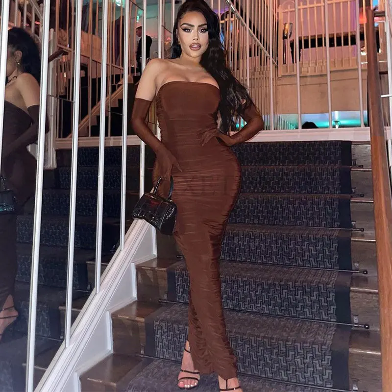 

Sexy Strapless Maxi Dress Elegant Prom Party Dresses for Women Off Shoulder Backless Ruched Long Sleeve Bodycon Dress