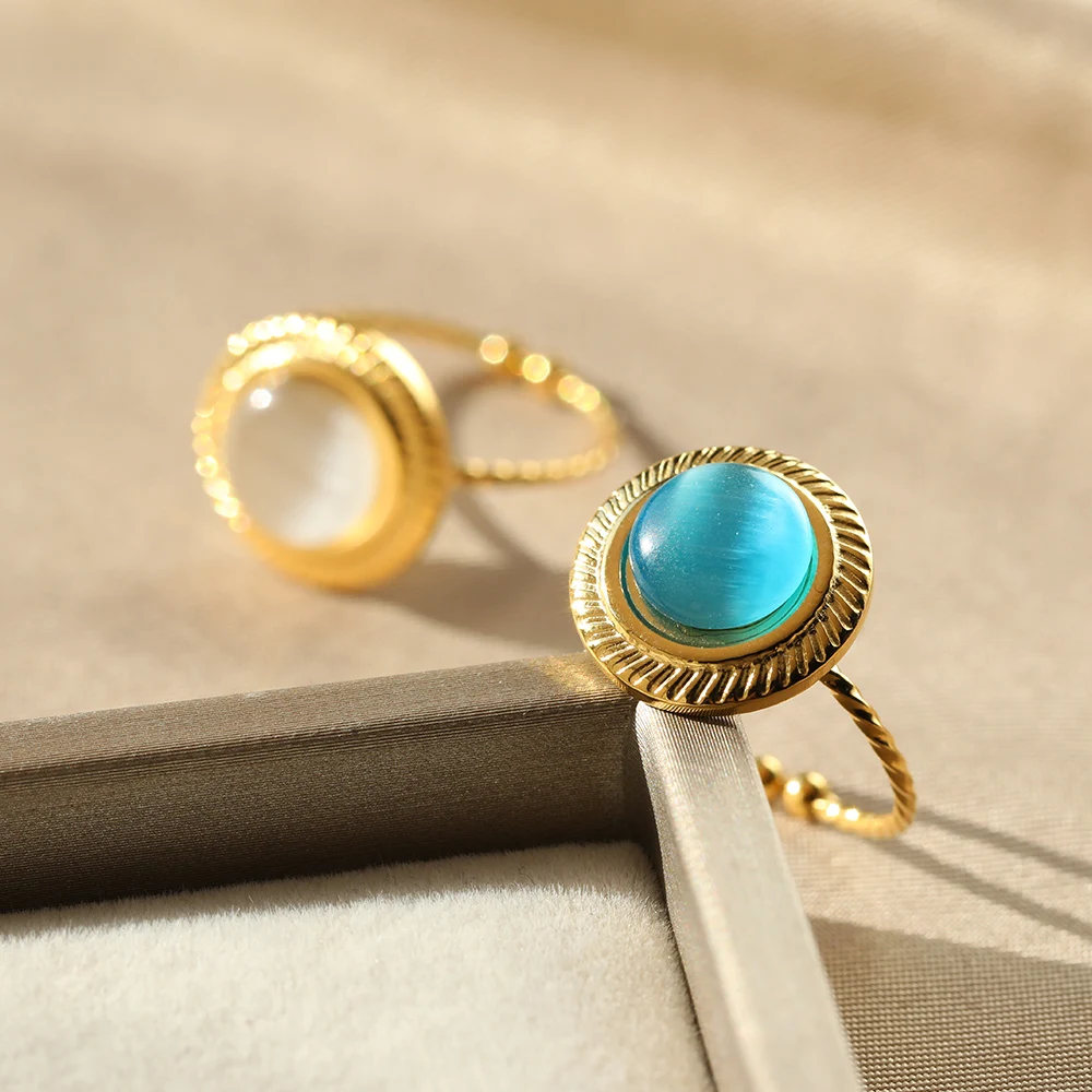 

Spring Popular Spiral Blue Color Cat's Eye Finger Ring Sun Ocean Ring Lucky Jewelry Adjustable Stainless Steel Jewellery New