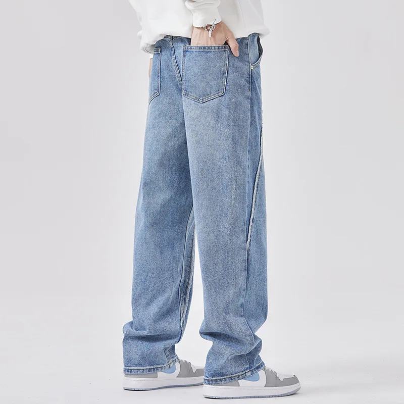 New Irregular Striped Washed Retro Wide Leg Jeans Pants Men and Women Vibe Style Straight Hip Hop Loose Denim Trouser Light Blue