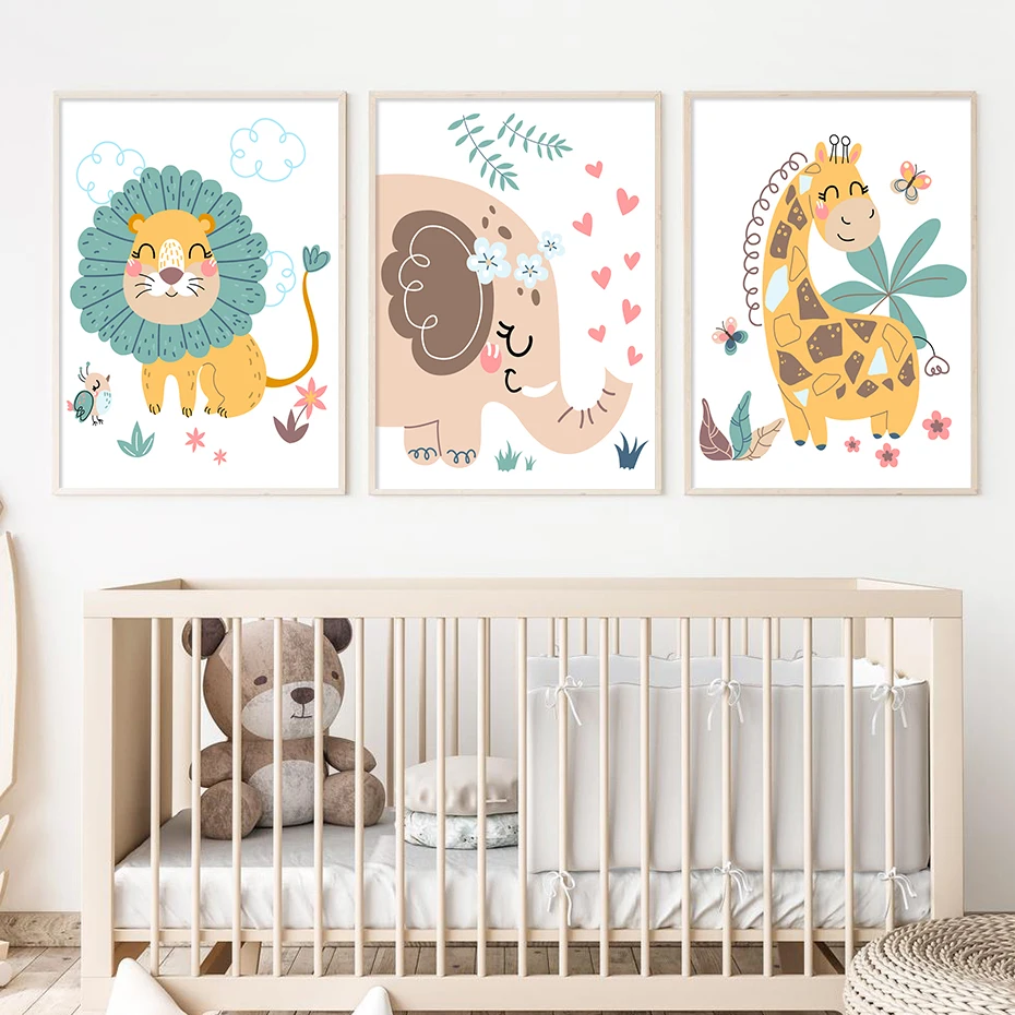 

Cartoon Cute Lion Elephant Animal Nursery Poster Print Canvas Painting Wall Art Picture Kids Room Baby Girls Bedroom Home Decor