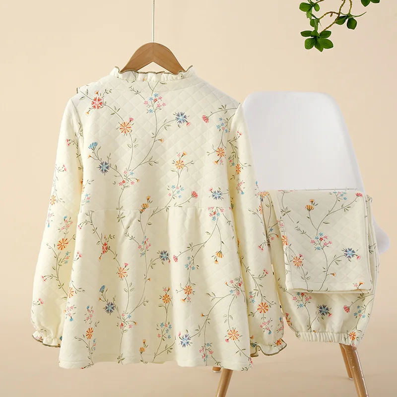 Cotton Air Layer Floral Pajamas Set New Autumn Winter Home War Warm Long Sleeve Pant Suit Casual Cute Nightwear Women Sleepwear
