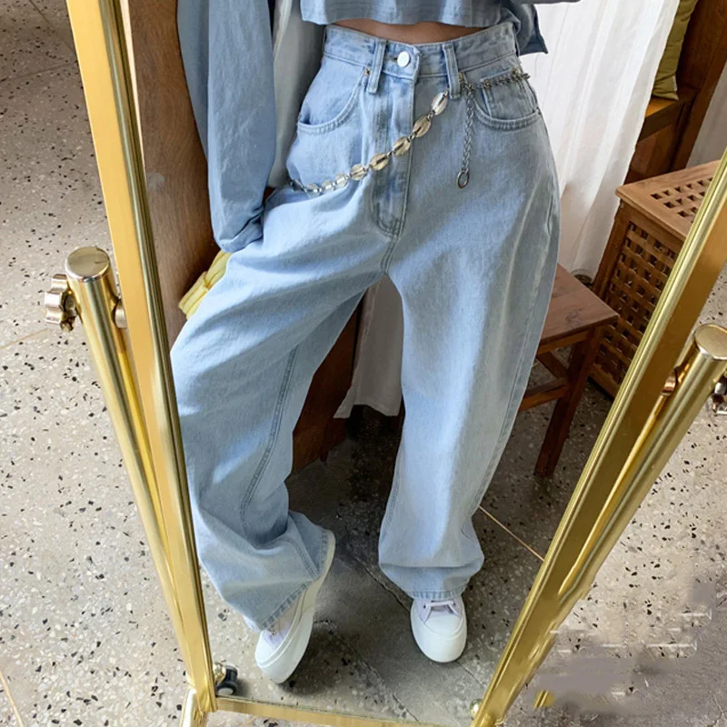 

Oversize Fashion Washed Light Blue Pants, High-waisted Straight Korean Wide-leg Casual Trousers, Mopping Pants Baggy Jeans