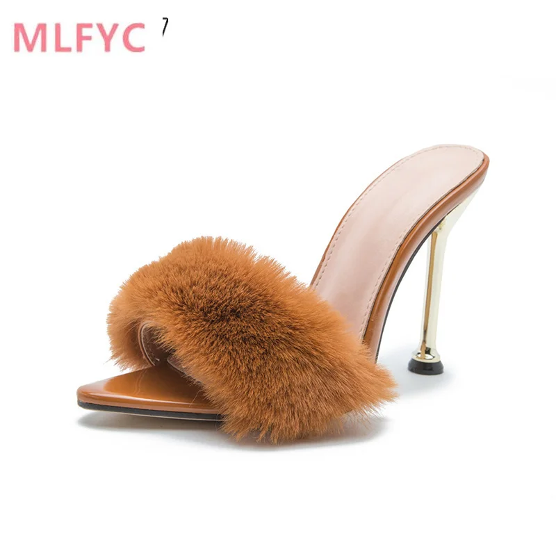 

Summer Woman Pumps PVC Transparent Feather Perspex Crystal High Heels Fur Peep Toe Mules Slippers Ladies Slides Shoes