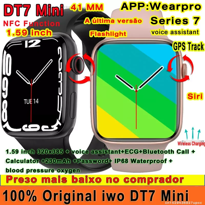 

Original DT7 41mm NFC Bluetooth call 1.59 inch Series 7 Password ECG IP68 Waterproof Smartwatch