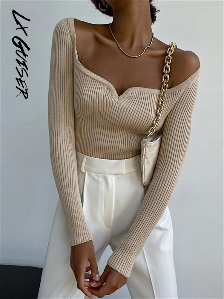 

Lx Guiser 2022 Autumn Winter Long Sleeve Y2k Pullover Women Sweater Knitted Square Collar Sexy Basic Casual Women's Sweater