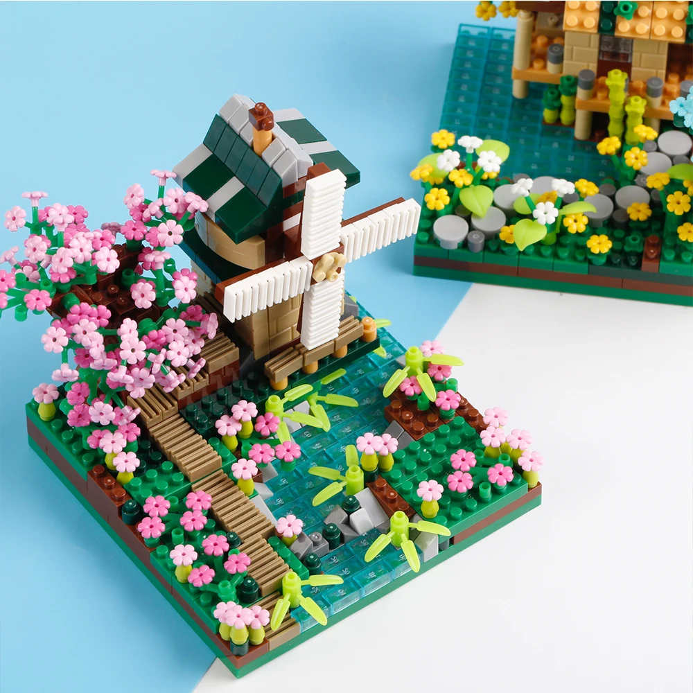 

Four Season Micro Bricks Street View Sakura Windmill Building Blocks Fisherman's Cottage Tree Assemble Bricks Toys For Kids Boy