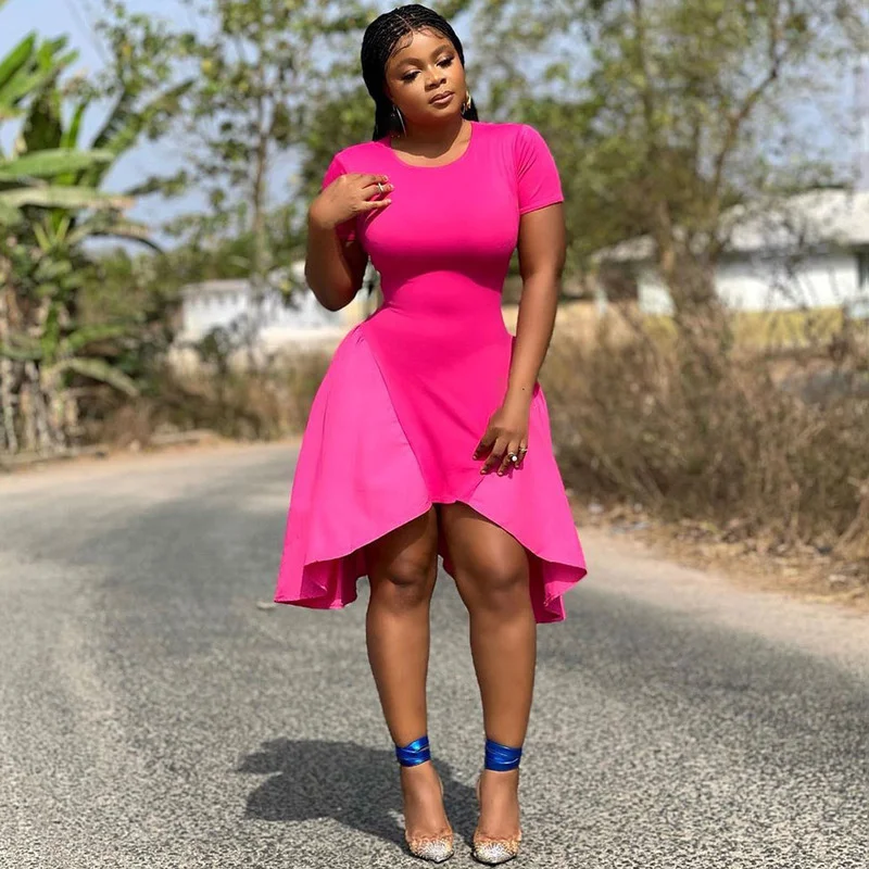 

KEXU Elegant Women Big Swing Irregular High Waist Short Sleeve O-neck Ball Dresses for 2022 Fashion Street Tunic Dress