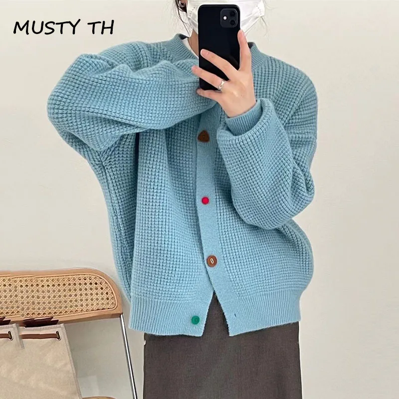 

MUSTY TH Women Knitted Cardigan Sweater Vintage Korean Styles Solid Color Sweaters for Women Top Casual Winter 2023 Knitted Coat