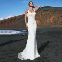 beach mermaid square neck wedding dress for women lace appliques sleeveless sweep train bridal gown open back vestido de novia
