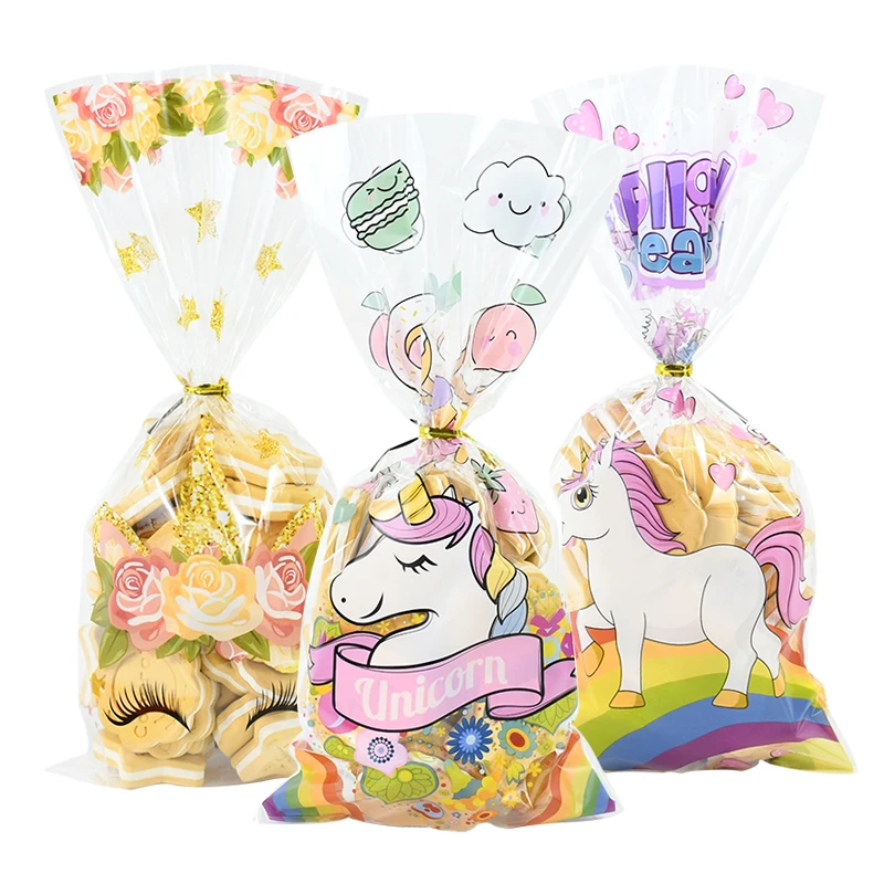 

50pcs Animals Theme Candy Bag Unicorn Mermaid Dinosaur Plastic Transparent Packaging Bag With Twist Ties Birthday Party Supplies