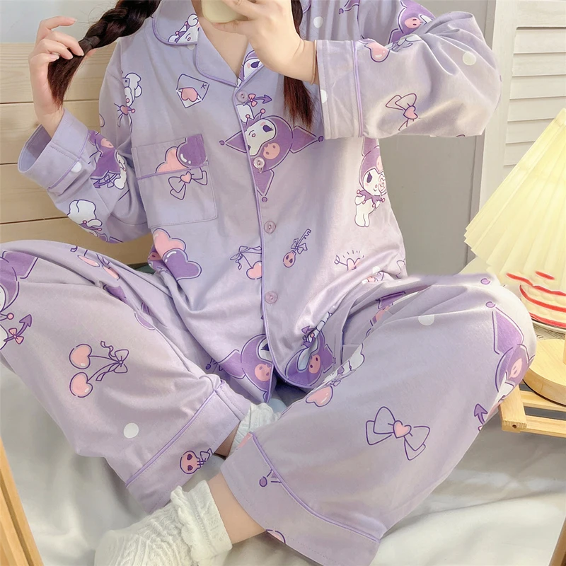

Sanrio кавайная Пижама Kuromi мультяшная Милая Домашняя одежда свободный и удобный кардиган с длинным рукавом пижамный комплект для девочек праздничные подарки