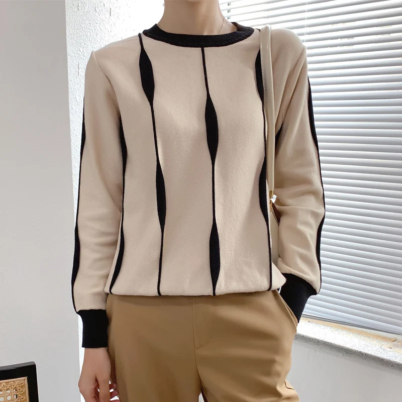 

2023 Spring Summer Autumn Patchwork Color Round NeckT-Shirts Female Pullover Women's Blouse Long Sleeve Slim Knitted Top Soft