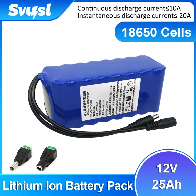 

SVYSL 12V 25Ah Deep Cycle 18650 Rechargeable Lithium Ion Battery Pack 12.8V 4000 Life Cycles DC5521 for LED Floor Cleaners Toys