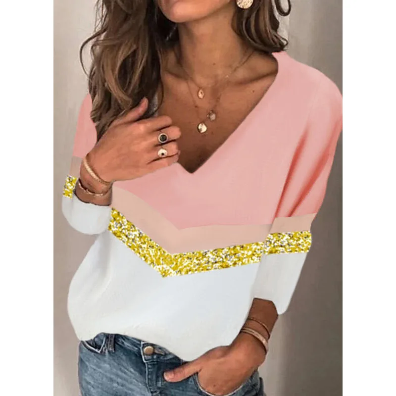 

Ladies Loose Print T Shirts Women Casual Top Elegant Oversize Long-sleeve V-neck Large Size T-shirt Women Clothing Spring Summer