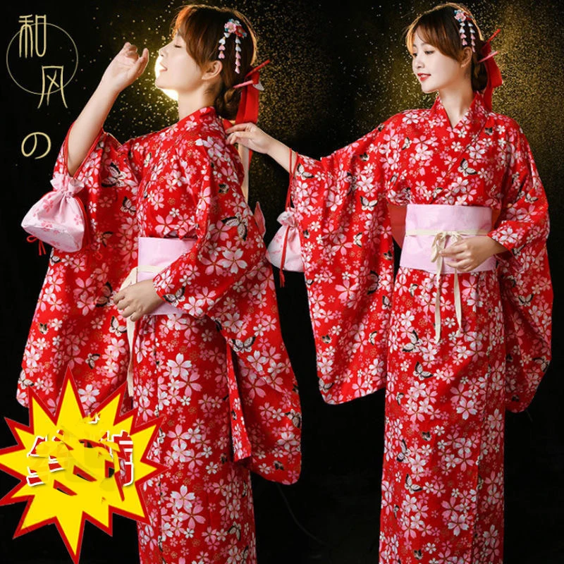 

Women Traditional Japanese Yukata Kimono Dress With Obi Bow Long Sleeve Vintage Photoshooting Performance Dance Costumes