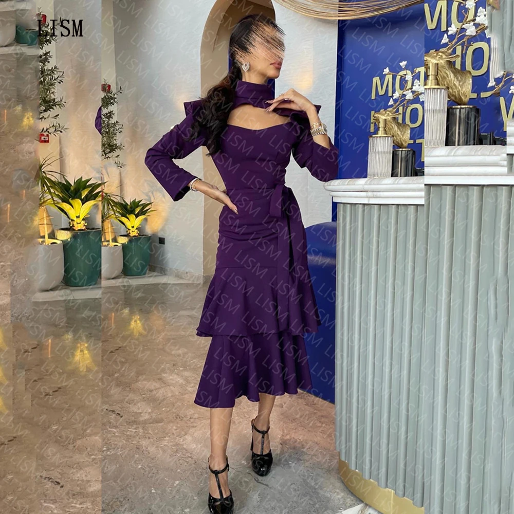

Женское вечернее платье с лямкой на шее LISM, фиолетовое ТРАПЕЦИЕВИДНОЕ ПЛАТЬЕ до середины икры с оборками и поясом с длинным рукавом, платье для выпускного вечера, 2023