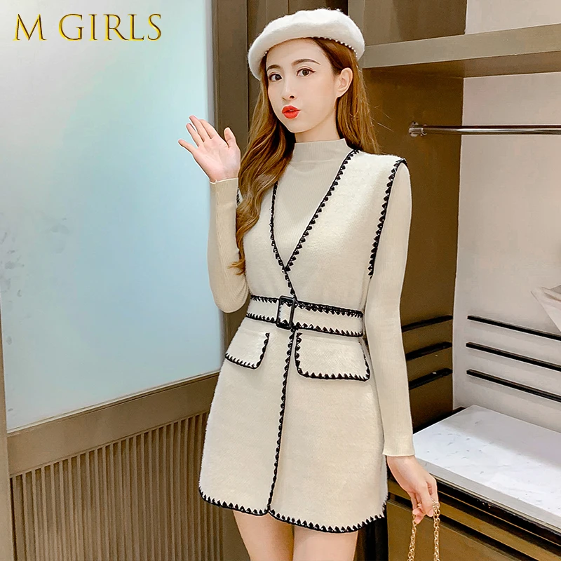 

M GIRLS autumn winter ladies lace wild belt belt jacket + bottoming sweater V-Neck Regular Knee-Length Sashes Office Lady