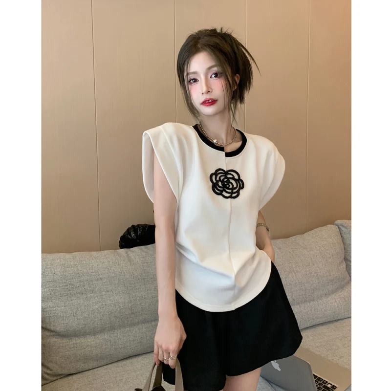 

Мисс коколи ~ французская маленькая Очаровательная горная Камелия трехмерная Летающая футболка с рукавом женский дизайнерский жилет Топ