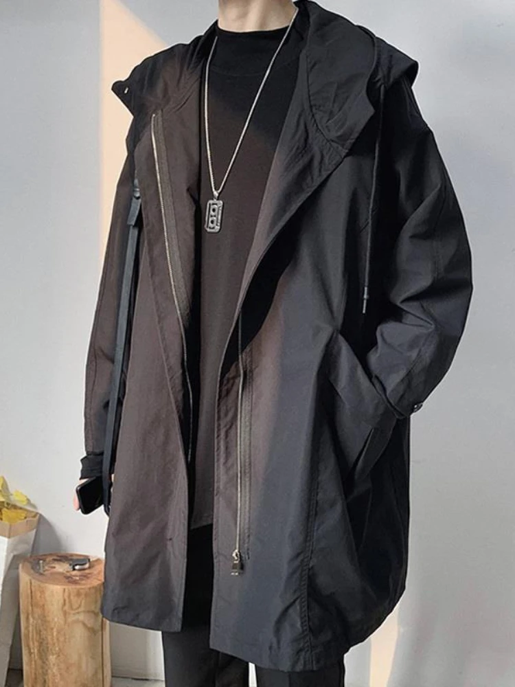 

Ветровка средней длины, демисезонное пальто в стиле панк с капюшоном, Красивая корейская куртка в стиле преппи, плащ-накидка, трендовая Мужская Уличная одежда, плащ