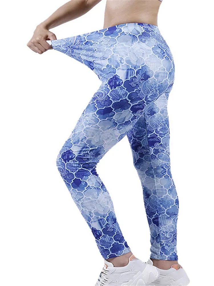 Sports Leggings Women Sexy Gym Fitness Pants Push Up Running High Waist Blue Graffiti Print Elastic New Knitted Bottom