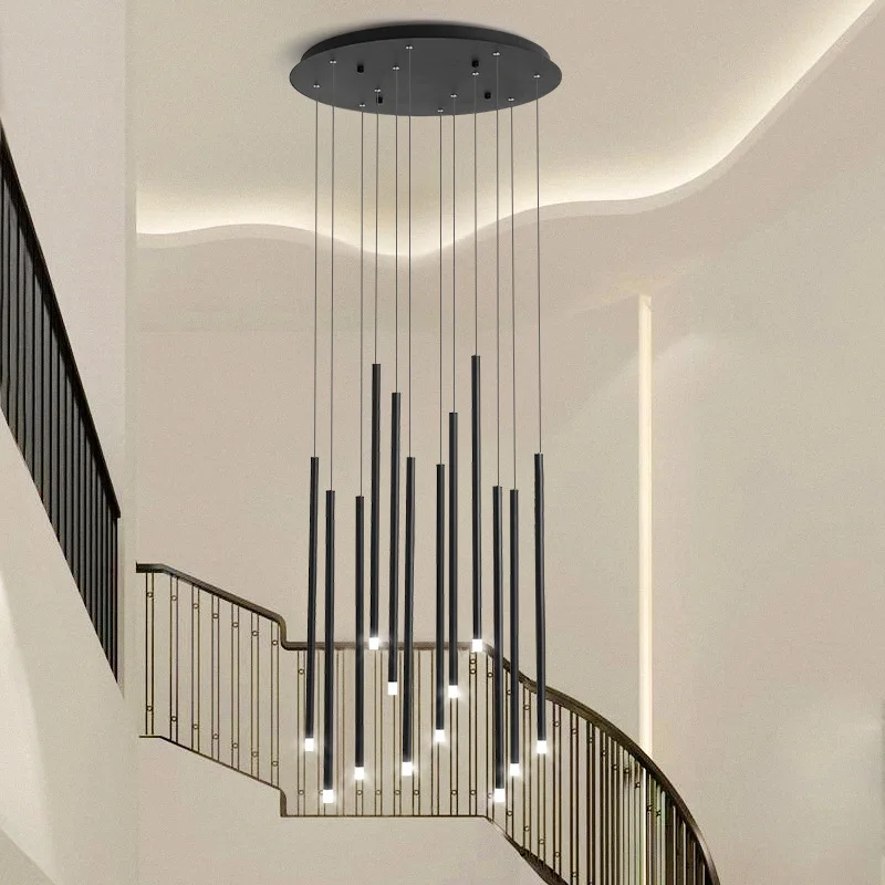 

Nordic Duplex Spiral Staircase Pendant Lights Black Art Villa Living Room Long Chandelier Cafe Restaurant Loft LED Hanging Lamps