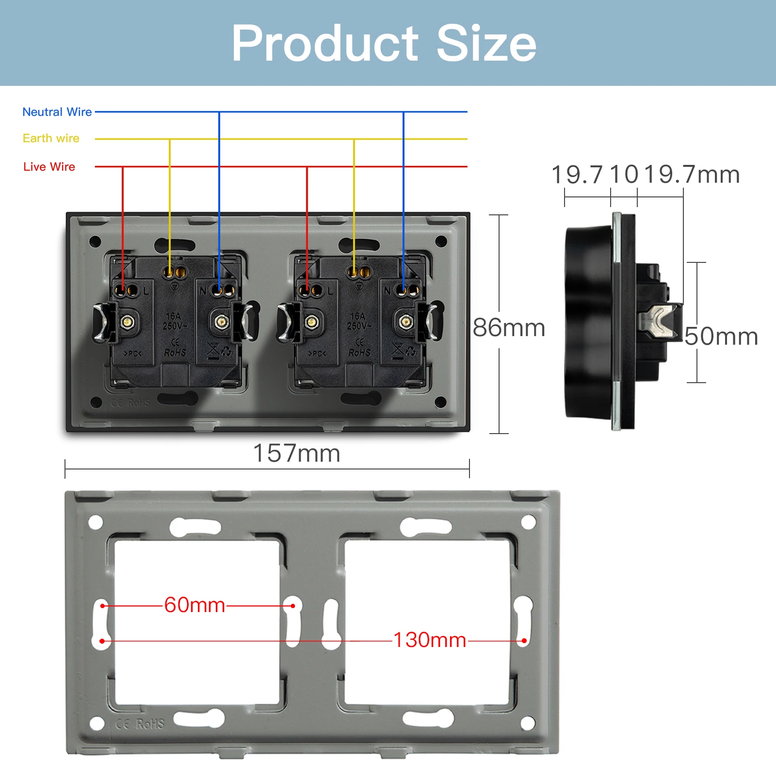 Евророзетка настенная со стеклянной панелью 110-250 В