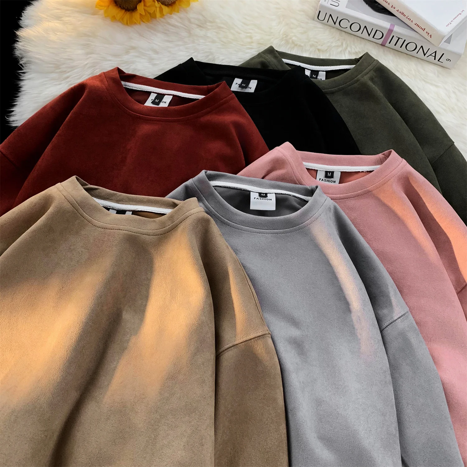 

Осенние замшевые женские свитшоты с круглым вырезом, Свободные повседневные однотонные пуловеры в стиле ретро, Готическая уличная одежда, свитшоты с открытыми плечами для мужчин