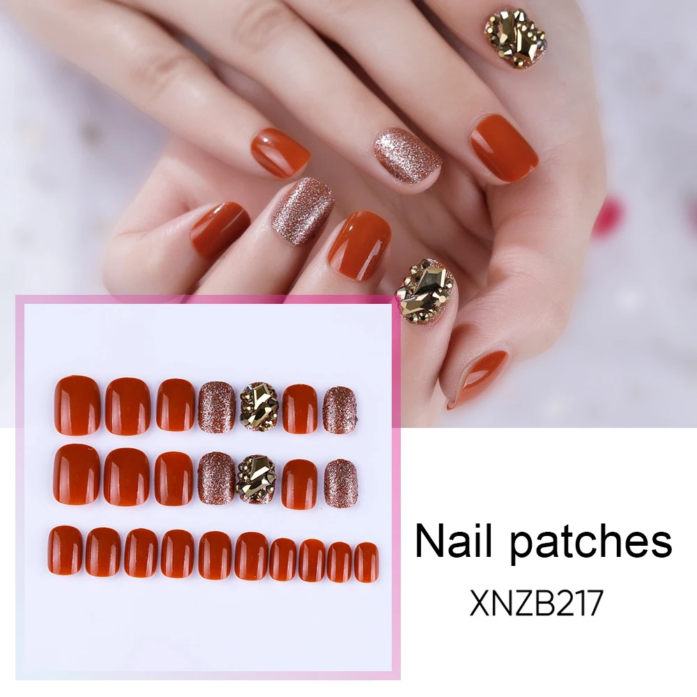 Короткий готовый Маникюр съемная пластина для ногтей Тыква цветные с бриллиантами Блеск Маникюр пресс на ногти патчи SEC88