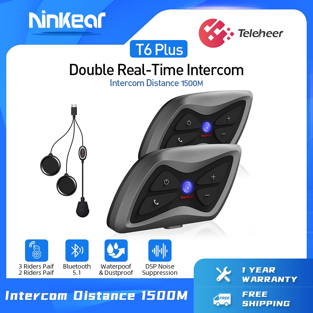 Ninkear Teleheer T6 Plus 2pcs Motorcycle Intercom Headset BT 5.1 2 Riders Waterproof Transmission 1500M Intercom Headset