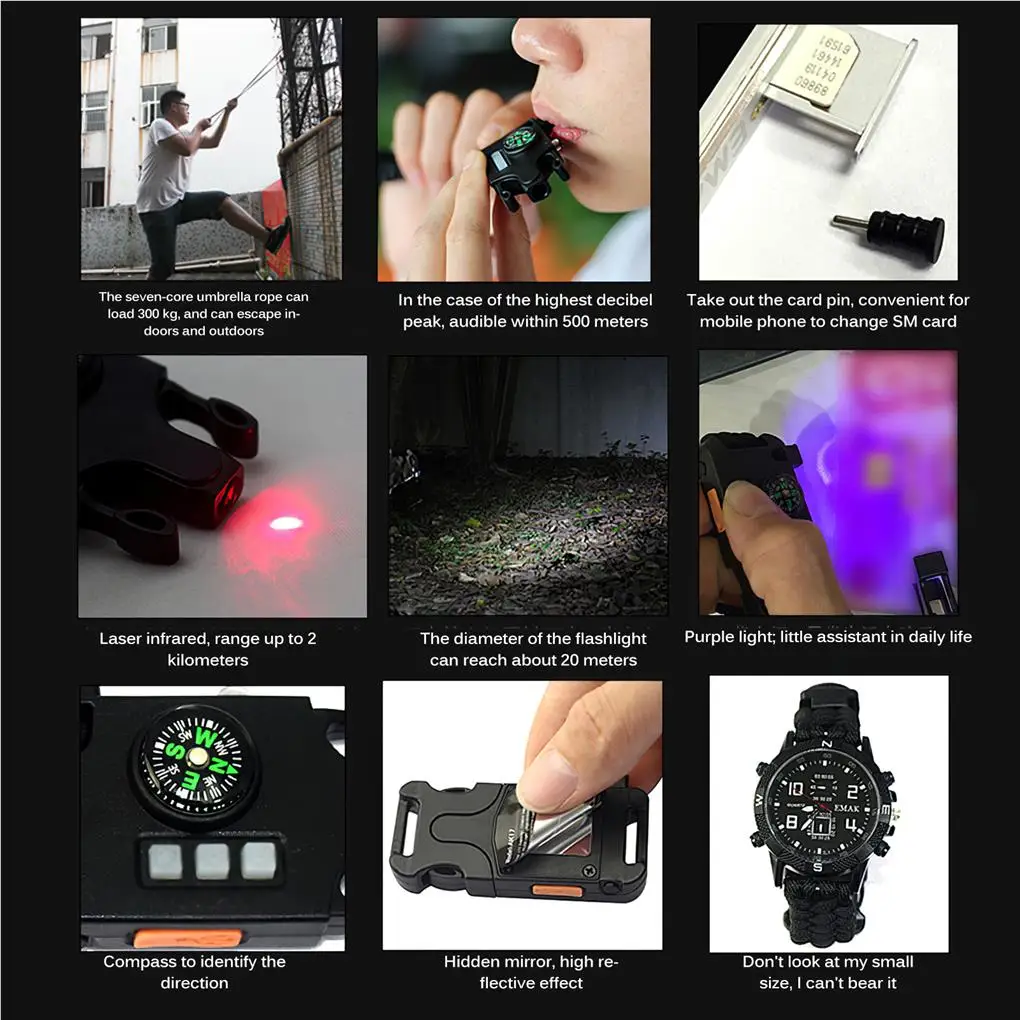 

Survival Watch Camping Tools Hiking Equipment Rechargeable Fine Workmanship Sturdy Shell Sweet Gift Emergency Gadget