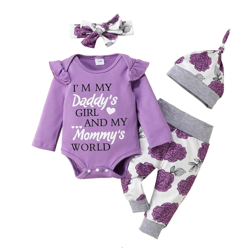 Newborn Baby Girl Clothes Set Long Sleeve Printed Alphabet Jumpsuit Flower Pants Suit 3-18 Months