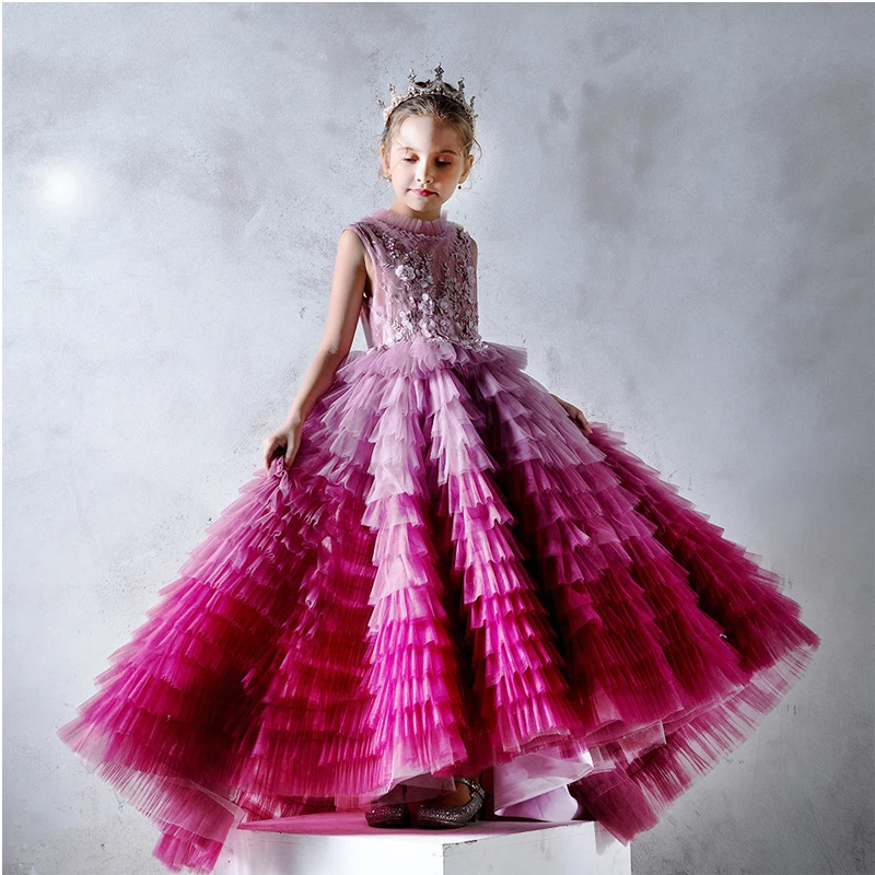 

Children's Dress Girls Princess Dress Trailing Fluffy Gauze Autumn New Pink T-Stage Elegant Catwalk Piano Performance Clothing