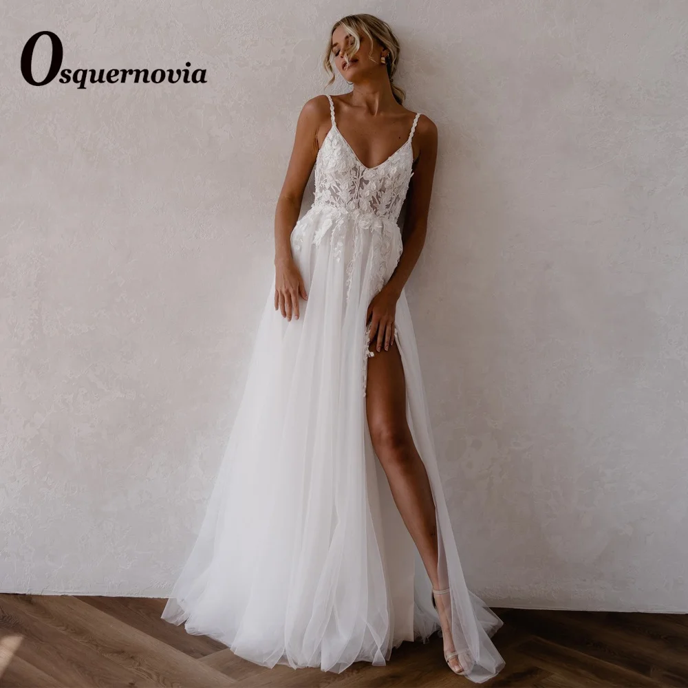 

Osquernovia 3D Flowers Appliques Luxury Slit A-line Wedding Dresses 2023 Backless Spaghetti Straps Abito Da Sposa Personalised